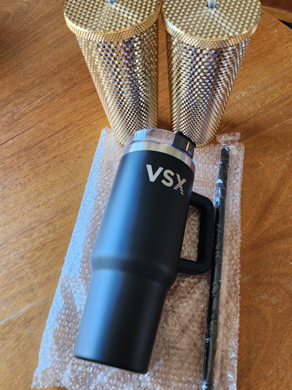 VSX Black Insulated Travel Mug with Handle.  2 Free Gold Ones With Purchase